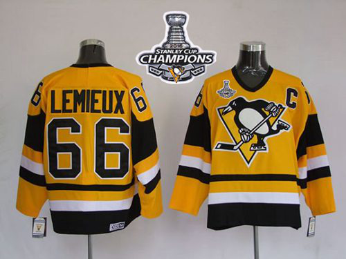 MitchellAndNess Pittsburgh Penguins #66 Mario Lemieux Yellow 2016 Stanley Cup Champions Stitched NHL Jersey