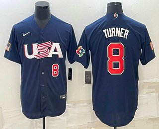 Men's USA Baseball #8 Trea Turner 2023 Navy World Baseball Classic Stitched Jerseys