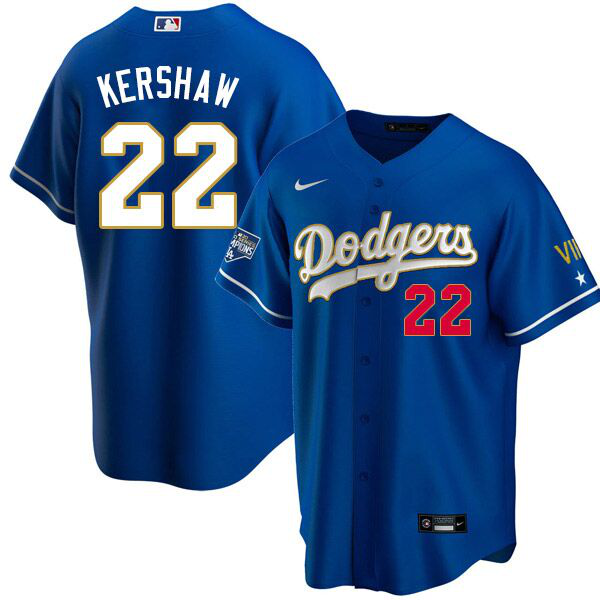 Men's Nike Los Angeles Dodgers #22 Kershaw Betts Blue VII Gold Series MLB Cool Base Jersey