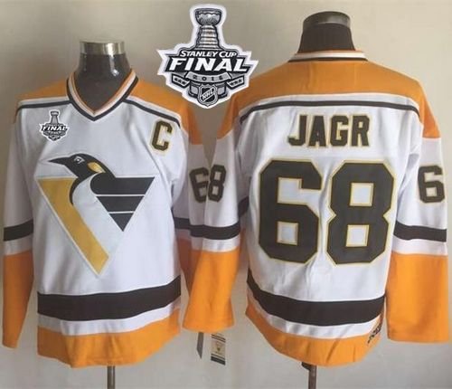 Pittsburgh Penguins #68 Jaromir Jagr White/Yellow CCM Throwback 2016 Stanley Cup Final Patch Stitched NHL Jersey