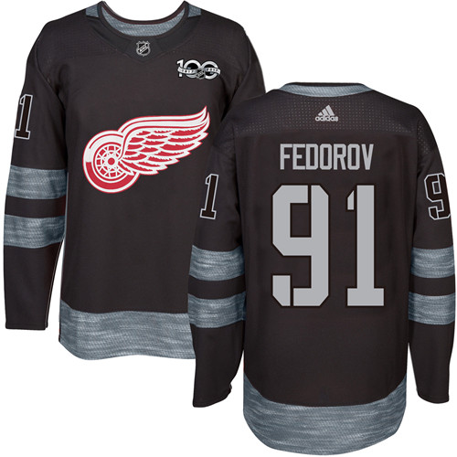 Adidas Detroit Red Wings #91 Sergei Fedorov Black 1917-2017 100th Anniversary Stitched NHL Jersey