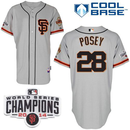 Men's San Francisco Giants #28 Buster Posey Grey Road 2 Cool Base W/2014 World Series Champions Patch Stitched MLB Jersey