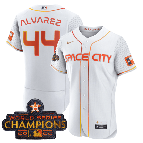 Men's Houston Astros #44 Yordan Alvarez 2023 Space City Champions Flex Base White Jersey