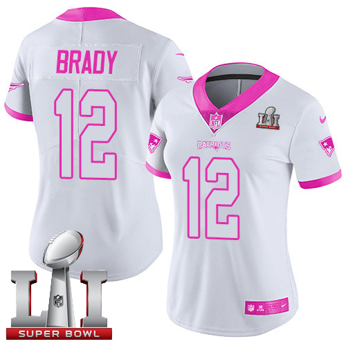 Nike New England Patriots #12 Tom Brady White/Pink Super Bowl LI 51 Women's Stitched NFL Limited Rush Fashion Jersey