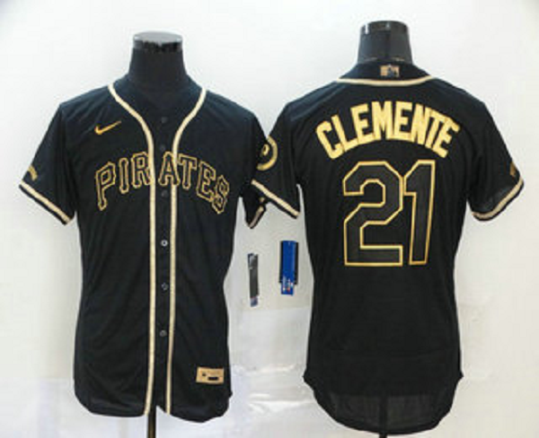 Men's Pittsburgh Pirates #21 Roberto Clemente Black With Gold Stitched MLB Flex Base Nike Jersey