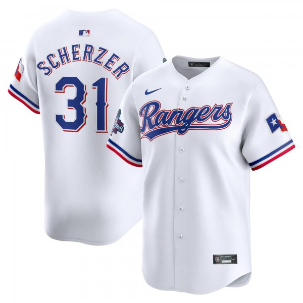 Men's Texas Rangers #31 Max Scherzer Nike White Home 2023 World Series Champions Limited Jersey